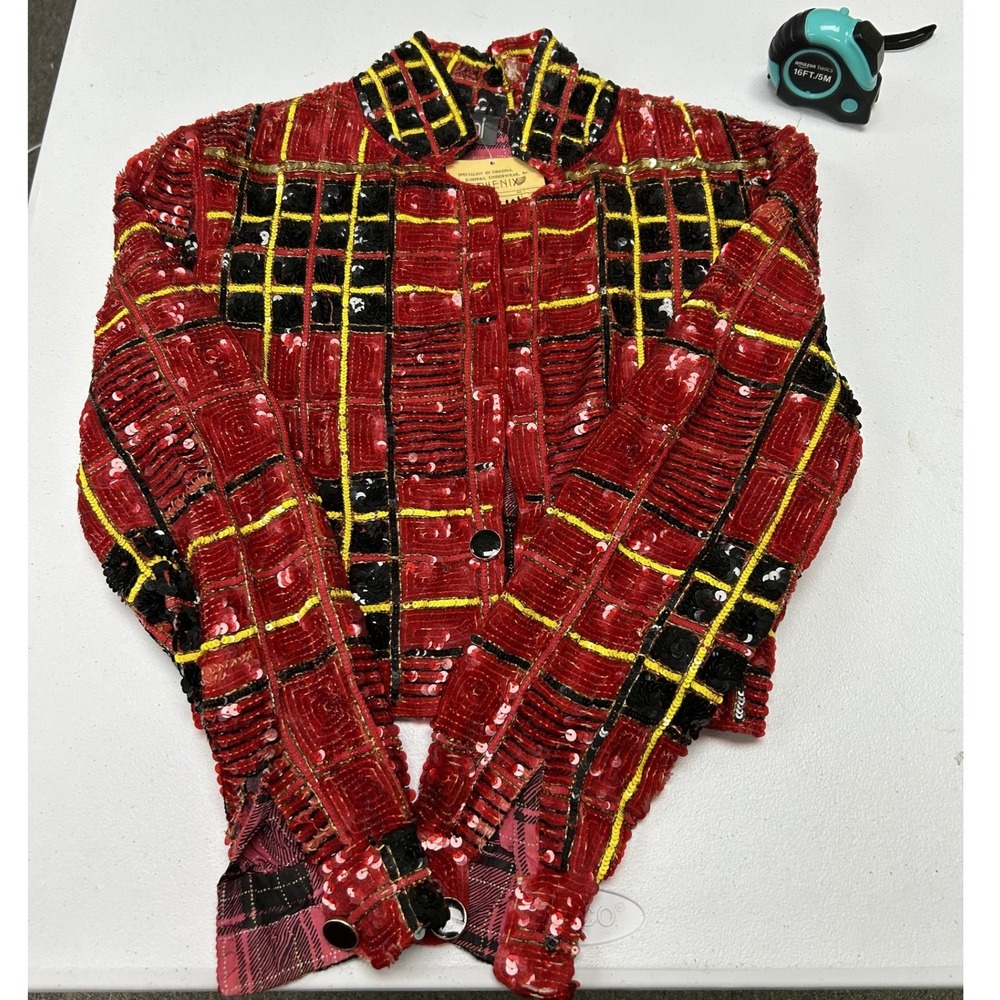 Modi Plaid Jacket Womens S Red Beaded Evening Blazer Formal C3